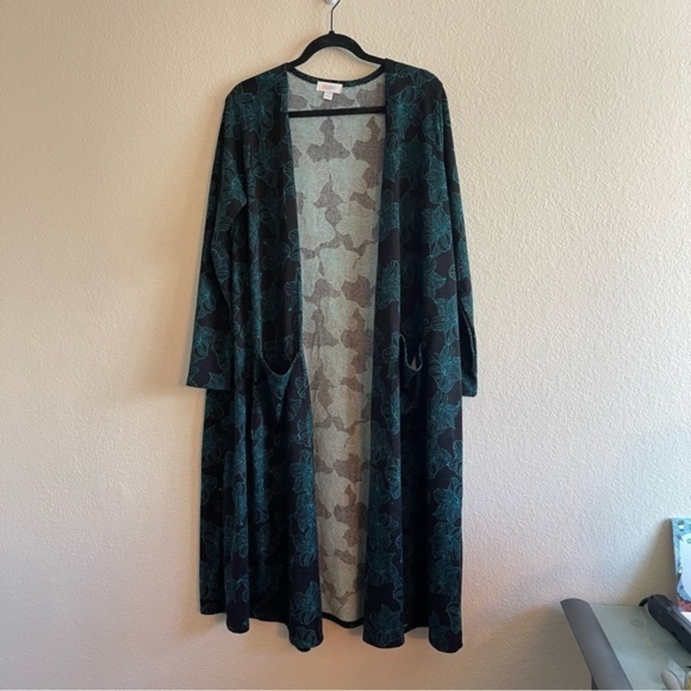LuLaRoe Longline Sarah Cardigan Open Black Green Floral Women's Size Large - Picture 9 of 10